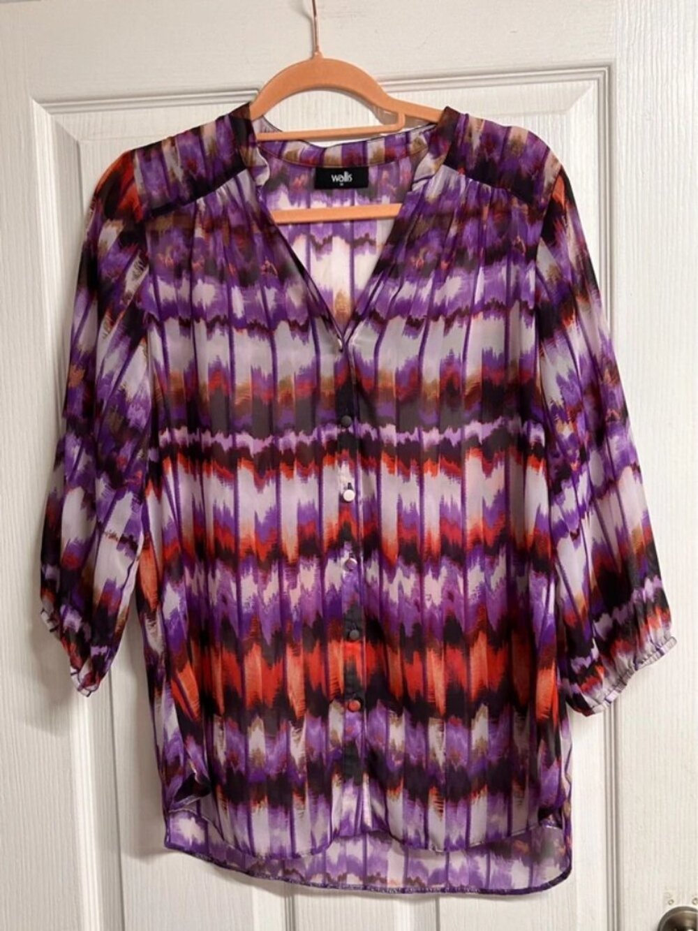 Wallis Purple Orange Abstract Ikat Sheer Blouse Women US M